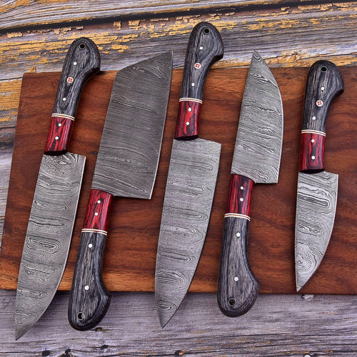 5 Pcs Twisted Damascus Steel Kitchen Knife Set – Pakka Wood Handle