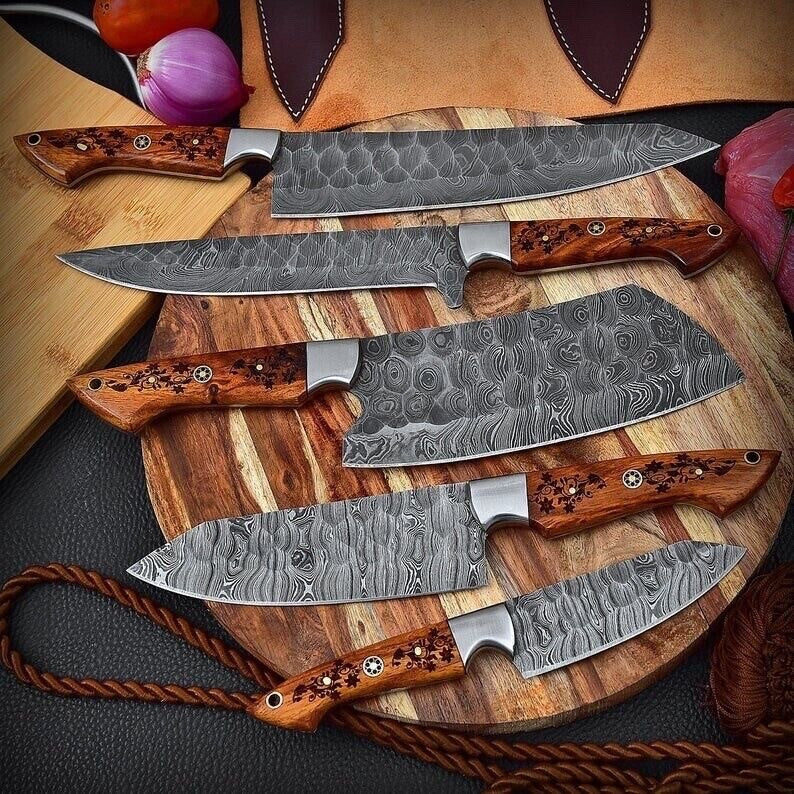 Emberfang Forge 5-Piece Hand Forged Damascus Kitchen Knife Set with Engraved Rosewood Handles
