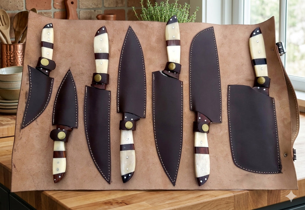 7 Pcs Damascus Steel Kitchen Knife Set – Bone & Rosewood Handle