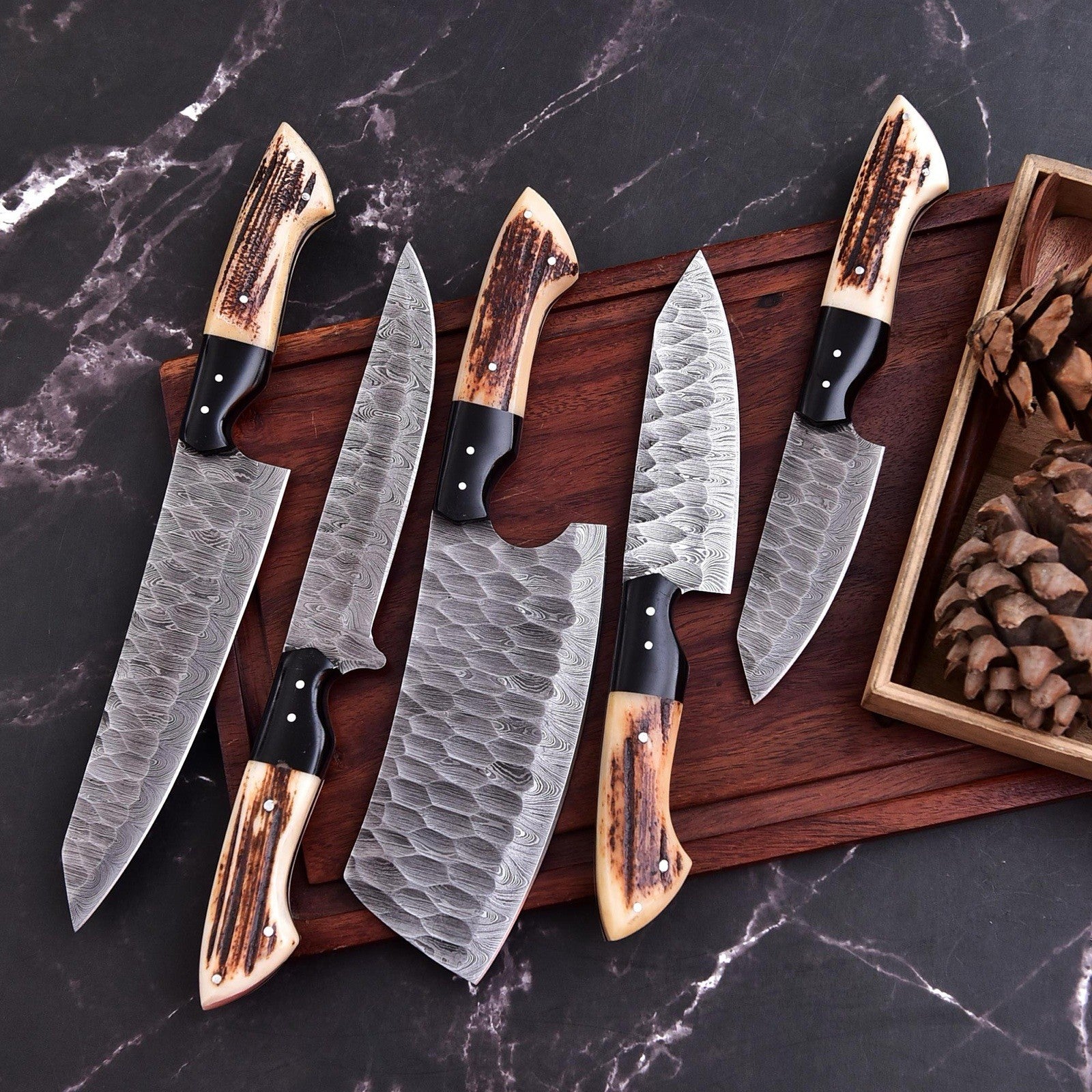 5 Pcs Hand Forged Damascus Steel Kitchen Knife Set – Antler Horn & Black Buffalo Horn Handle