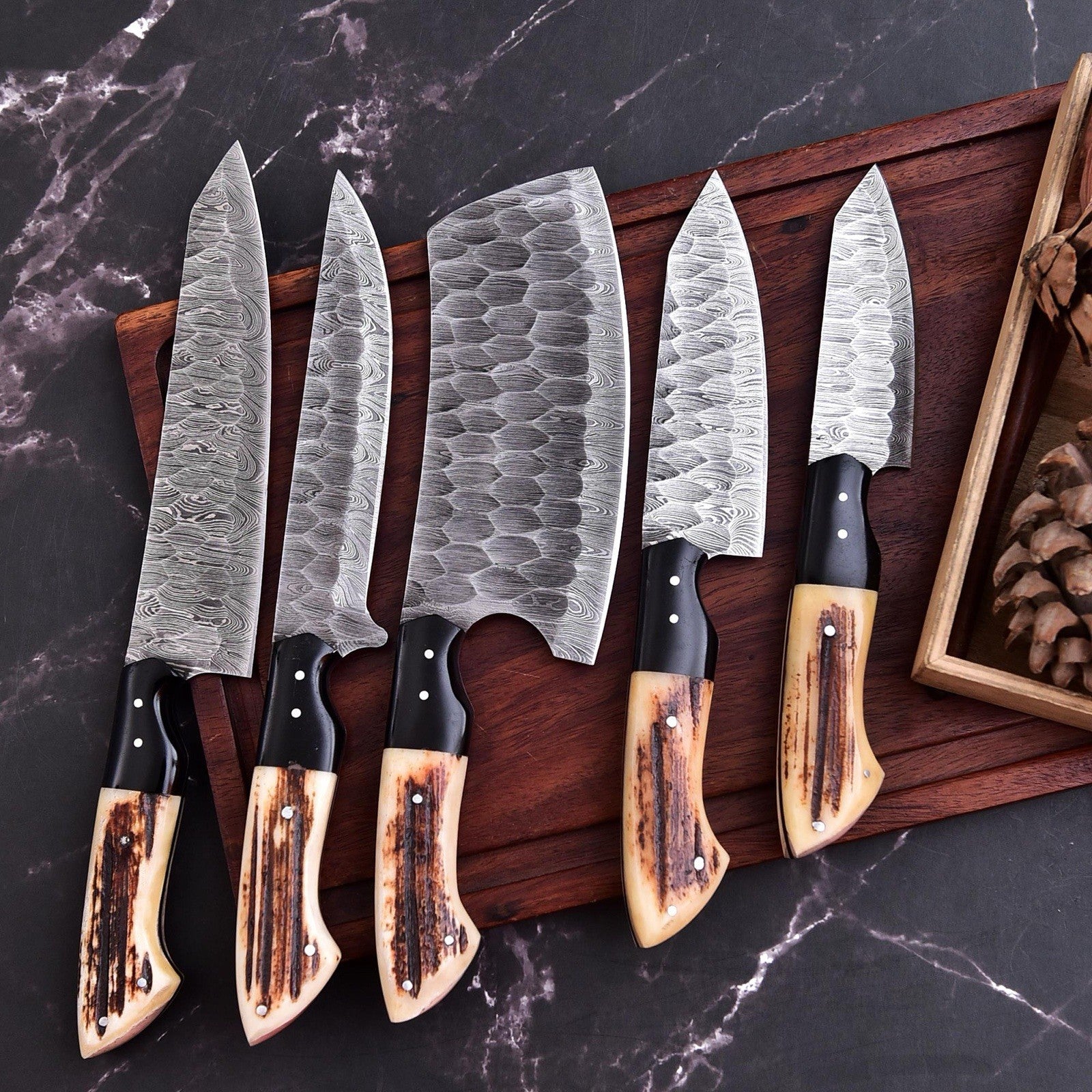 5 Pcs Hand Forged Damascus Steel Kitchen Knife Set – Antler Horn & Black Buffalo Horn Handle