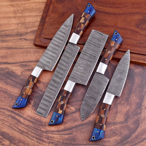 5 Pcs Hand Forged Damascus Steel Kitchen Knife Set – Olive, Rosewood & Pakka Wood Handle with Steel Bolster